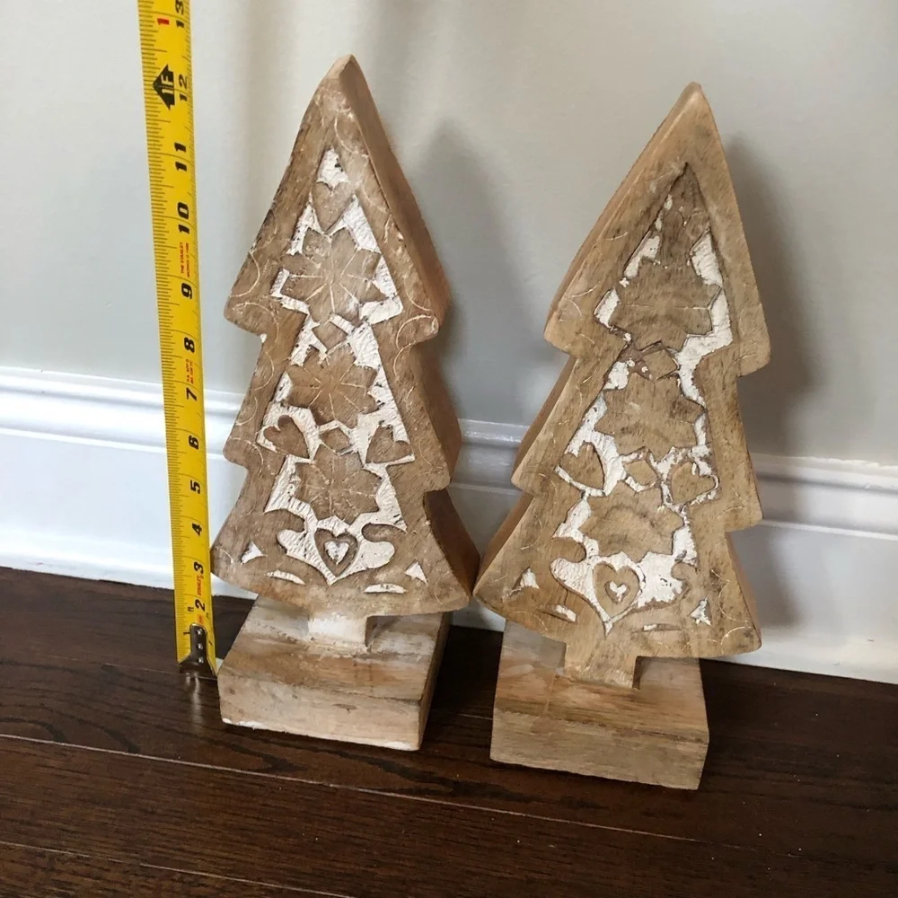 Rustic Farmhouse Hand-Carved 12” Wooden Christmas Trees w/Distressed Finish x2